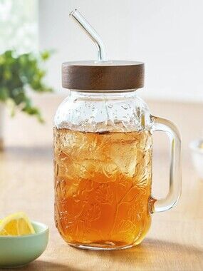 New The Pioneer Woman Palmer Embossed Glass 32oz Tumbler with Wood Lid